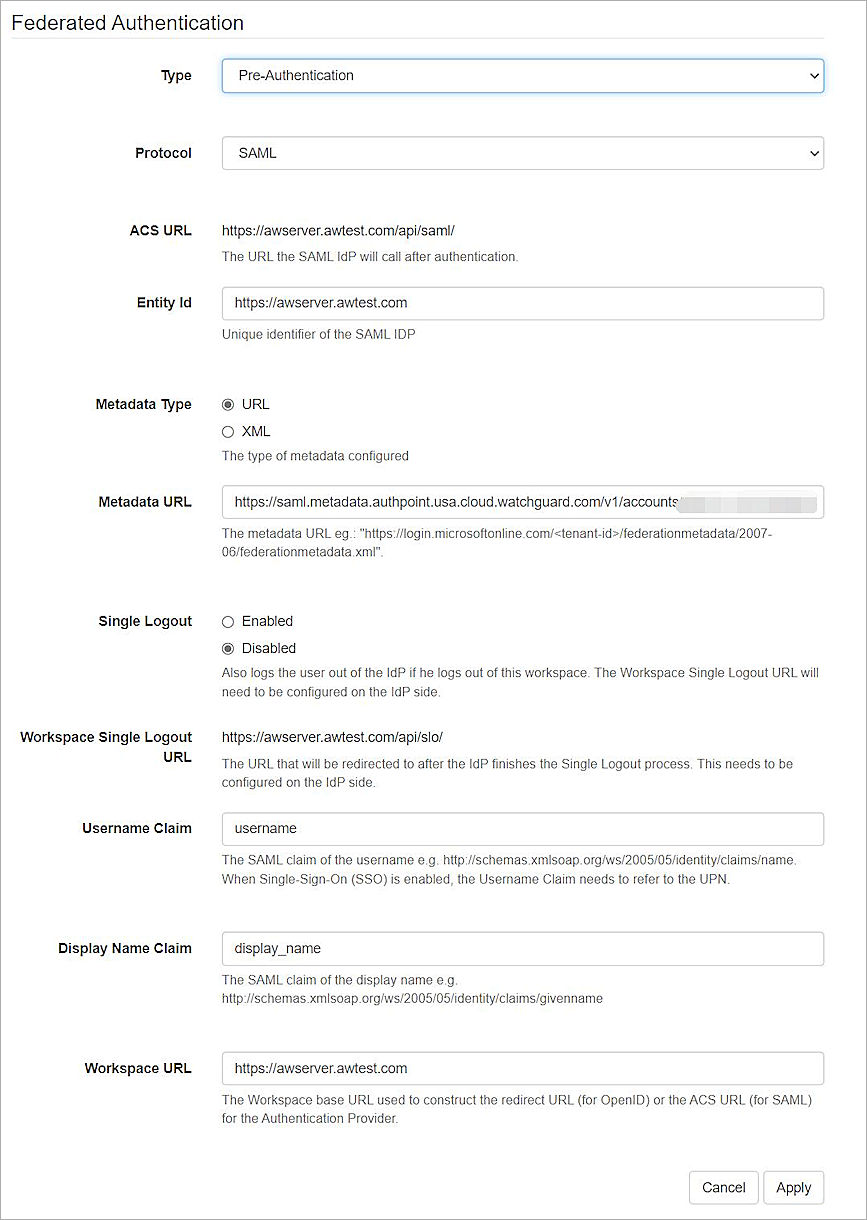 Screenshot of the Federated Authentication page
